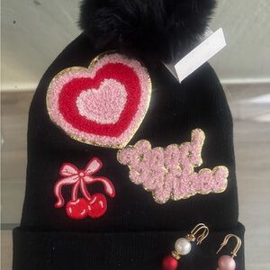 Black Beanie with Heart and Cherry Patches